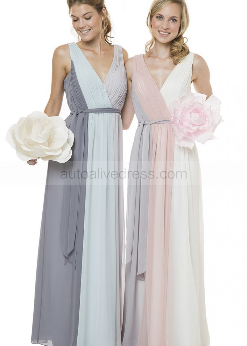 A-line V Neckline Floor Length Grey Pink Chiffon Prom Dress